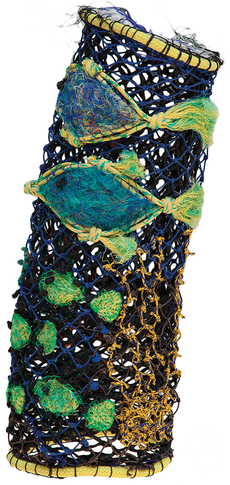 Australian Indigenous (Aboriginal and Torres Strait Islander) artwork by NANCY LOUISA KIWAT of Erub Erwer Meta. The title is Reeflections. [15-113] (Ghost Nets & Twine)