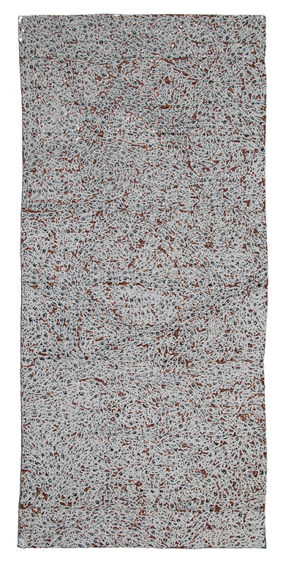 Australian Indigenous (Aboriginal and Torres Strait Islander) artwork by WUKUN WANAMBI of Buku-Larrnggay Mulka (Yirrkala). The title is Reflector - Trial Bay. [4631L] (Natural Earth Pigments on Reflective Foil)