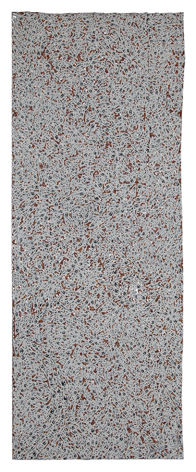 Australian Indigenous (Aboriginal and Torres Strait Islander) artwork by WUKUN WANAMBI of Buku-Larrnggay Mulka (Yirrkala). The title is Reflector - Trial Bay. [4630A] (Natural Earth Pigments on Reflective Foil)