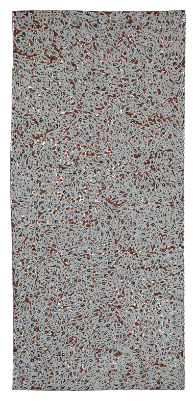 Australian Indigenous (Aboriginal and Torres Strait Islander) artwork by WUKUN WANAMBI of Buku-Larrnggay Mulka (Yirrkala). The title is Reflector - Trial Bay. [4631J] (Natural Earth Pigments on Reflective Foil)