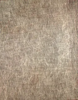 Australian Indigenous (Aboriginal and Torres Strait Islander) artwork by YUKULTJI NAPANGATI of Papunya Tula Artists. The title is Rockhole and Soakage water site of Ngaminya. [YN0704037] (Acrylic on Linen)