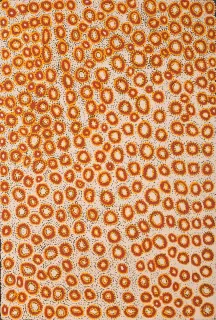 Australian Indigenous (Aboriginal and Torres Strait Islander) artwork by KAWAYI NAMPITJINPA of Papunya Tula Artists. The title is Rockhole Site of Pinpirrnga. [KN0510087] (Acrylic on Belgian Linen)