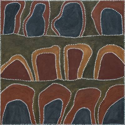 Australian Indigenous (Aboriginal and Torres Strait Islander) artwork by PHYLLIS THOMAS of Warmun Artists. The title is Rugun. [WAC 501/08] (Natural Ochre and Pigments on Canvas)