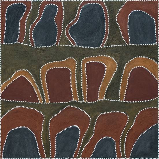 Australian Indigenous (Aboriginal and Torres Strait Islander) artwork by PHYLLIS THOMAS of Warmun Artists. The title is Rugun. [WAC 501/08] (Natural Ochre and Pigments on Canvas)
