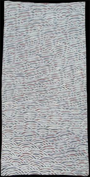 Australian Indigenous (Aboriginal and Torres Strait Islander) artwork by DHURRUMUWUY MARIKA of Buku-Larrnggay Mulka (Yirrkala). The title is Rulyapa. [3594C] (Natural Earth Pigments on Bark)