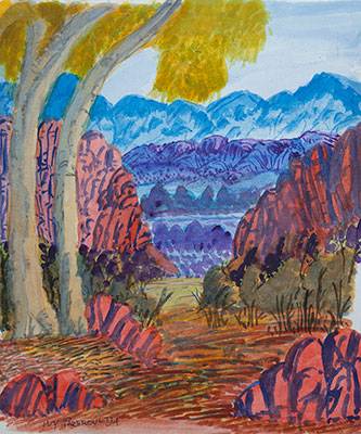 Australian Indigenous (Aboriginal and Torres Strait Islander) artwork by IVY PAREROULTJA of Ngurratjuta Iltja Ntjarra (Many Hands). The title is Rungutjirpa (Simpson’s Gap). [84-15] (Watercolour on Paper)