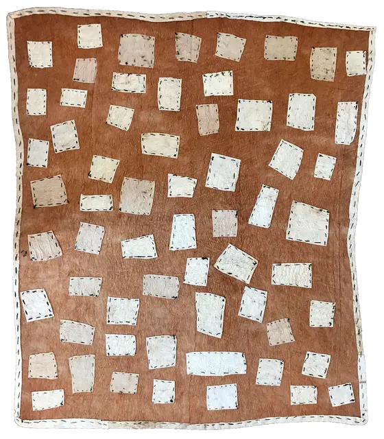 Australian Indigenous (Aboriginal and Torres Strait Islander) artwork by BRENDA KESI (ARIRÉ) of Omie Artists. The title is Sihoti’e Taliobamë’e – Ancestral Design of the Mud. [16-020] (Nioge Taliobamë’e - Appliquéd Barkcloth)