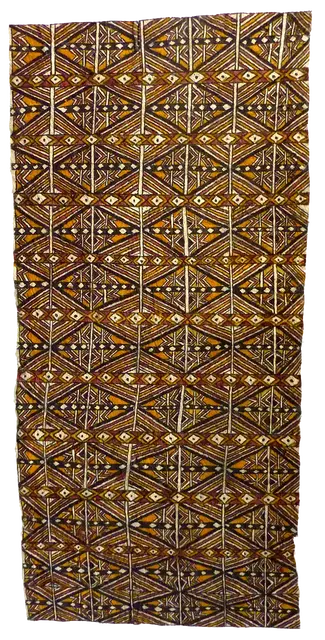 Australian Indigenous (Aboriginal and Torres Strait Islander) artwork by JESSIE BUJAVA (KIPORA) of Omie Artists. The title is Siha’e Ohu’o Visuano’e – Fruit of the Tree and Teeth of the Fish. [OM11-126] (Natural Pigments on Nioge (Woman’s Barkcloth Skirt))