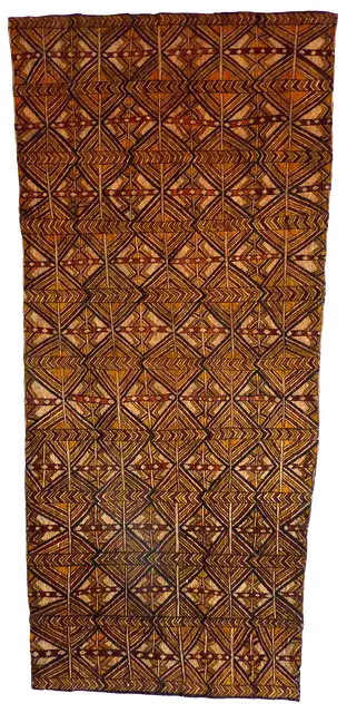 Australian Indigenous (Aboriginal and Torres Strait Islander) artwork by JESSIE BUJAVA (KIPORA) of Omie Artists. The title is Siha’e Ohu’o Visuano’e – Fruit of the Tree and Teeth of the Fish. [OM12-021] (Natural Pigments on Nioge (Woman’s Barkcloth Skirt))