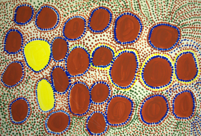 Australian Indigenous (Aboriginal and Torres Strait Islander) artwork by WAKARTU CORY SURPRISE of Mangkaja Artists. The title is Salt Water Lake. [272/12] (Derivan Matisse Acrylic - 280gsm Velin BKF Rives)