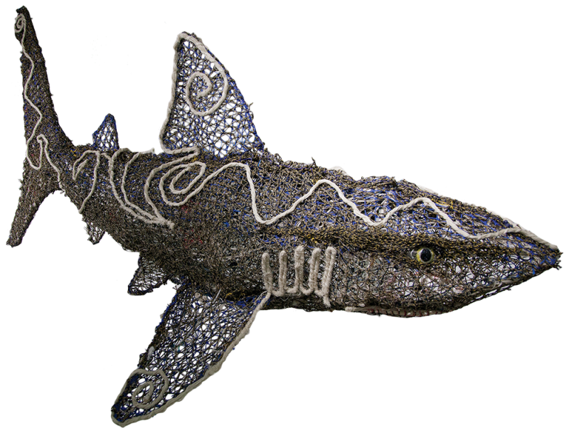 Australian Indigenous (Aboriginal and Torres Strait Islander) artwork by VARIOUS ERUB ERWER META ARTISTS (COLLABORATIVE) of Erub Erwer Meta. The title is Saam Karem. [15-111a-b] (Ghost Nets & Twine over Steel Frame)