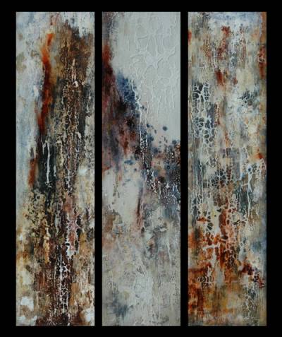 Australian Indigenous (Aboriginal and Torres Strait Islander) artwork by DAVID KELLY of Miscellaneous Artists. The title is Saddle Hill - Triptych. [6a-6c] (Oil & Acrylic on Board)