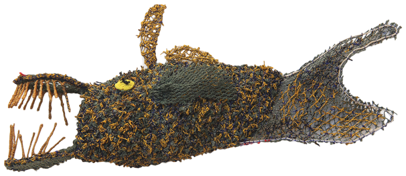 Australian Indigenous (Aboriginal and Torres Strait Islander) artwork by NANCY LOUISA KIWAT of Erub Erwer Meta. The title is Samu. [15-90] (Ghost Nets & Twine over Mesh Frame)