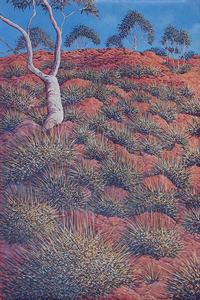 Australian Indigenous (Aboriginal and Torres Strait Islander) artwork by SARAH BROWN of Miscellaneous Artists. The title is Sandi’s Backyard. [SB201610004] (Acrylic on Belgian Linen)