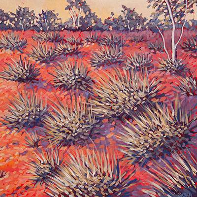 Australian Indigenous (Aboriginal and Torres Strait Islander) artwork by SARAH BROWN of Miscellaneous Artists. The title is Scrub - Kintore. [SB201610033] (Acrylic on Gesso Board)