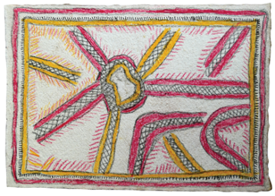 Australian Indigenous (Aboriginal and Torres Strait Islander) artwork by FATE SAVARI (ISAWDI) of Omie Artists. The title is Self-portrait sitting down, tired and resting after telling all my old stories. [14-244] (Pencil and Ink on Paper)