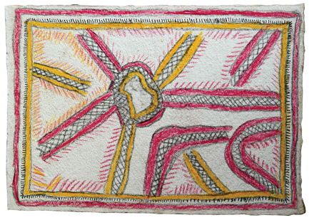 Australian Indigenous (Aboriginal and Torres Strait Islander) artwork by FATE SAVARI (ISAWDI) of Omie Artists. The title is Self-portrait sitting down, tired and resting after telling all my old stories. [14-244] (Pencil and Ink on Paper)