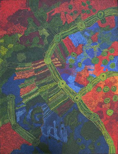 Australian Indigenous (Aboriginal and Torres Strait Islander) artwork by SYLVIA KANYTJUPAI KEN of Tjala Artists. The title is Seven Sisters. [749-13] (Acrylic on Linen)