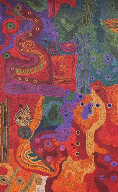 Australian Indigenous (Aboriginal and Torres Strait Islander) artwork by TJUNGKARA KEN of Tjala Artists. The title is Seven Sisters. [723-13] (Acrylic on Linen)