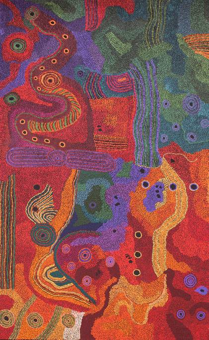 Australian Indigenous (Aboriginal and Torres Strait Islander) artwork by TJUNGKARA KEN of Tjala Artists. The title is Seven Sisters. [723-13] (Acrylic on Linen)