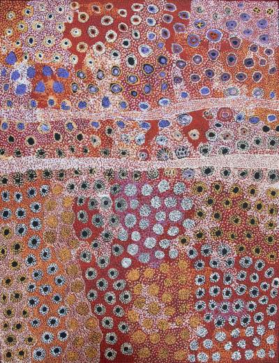 Australian Indigenous (Aboriginal and Torres Strait Islander) artwork by KUNMANARA KAWINY of Tjala Artists. The title is Seven Sisters. [784a-13] (Acrylic on Linen)