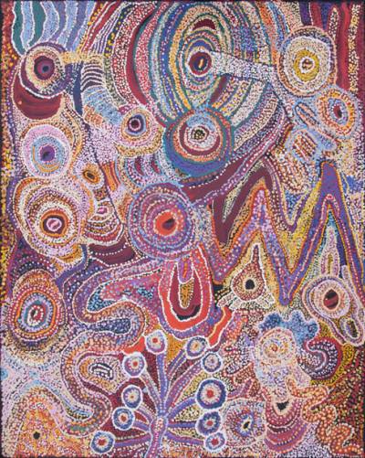 Australian Indigenous (Aboriginal and Torres Strait Islander) artwork by YARITJI YOUNG of Tjala Artists. The title is Seven Sisters. [743-13] (Acrylic on Linen)