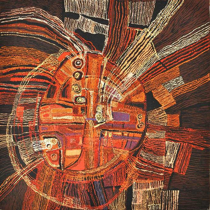 Australian Indigenous (Aboriginal and Torres Strait Islander) artwork by NYUNMITI BURTON of Tjala Artists. The title is Seven Sisters Story. [234-20] (Acrylic on Linen)