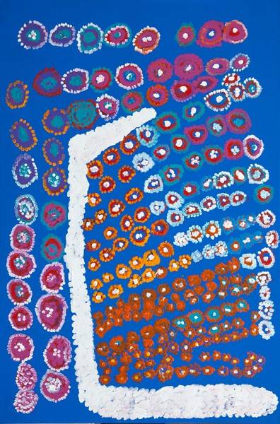 Australian Indigenous (Aboriginal and Torres Strait Islander) artwork by PAULA PAUL of Mornington Island Artists. The title is Shells. [2344-L-PP-0607] (Synthetic Polymer Paint on Linen)