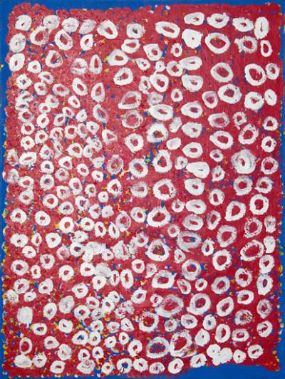 Australian Indigenous (Aboriginal and Torres Strait Islander) artwork by PAULA PAUL of Mornington Island Artists. The title is Shells on the Beach. [1818-L-PP-1206] (Synthetic Polymer Paint on Linen)