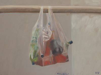 Australian Indigenous (Aboriginal and Torres Strait Islander) artwork by WESLEY MASELLI of Miscellaneous Artists. The title is Shopping at Shell. [WM201602004] (Oil and Paint Pen on Masonite)