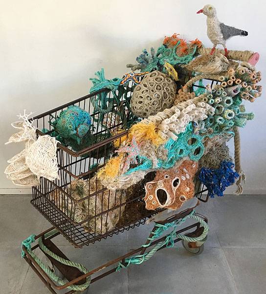 Australian Indigenous (Aboriginal and Torres Strait Islander) artwork by MARION GAEMERS of Miscellaneous Artists. The title is Shopping Trolley. [MG201705005] (Rescued Shopping Trolley, Ghost Nets & Beach Rope)