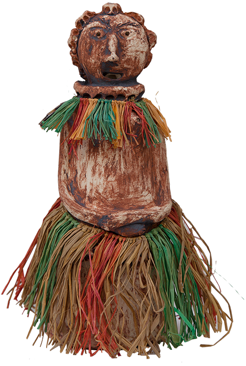 Australian Indigenous (Aboriginal and Torres Strait Islander) artwork by FLORENCE GUTCHEN of Erub Erwer Meta. The title is Sik. [13-28] (Woodfired Stoneware with Natural Fibre Decoration)