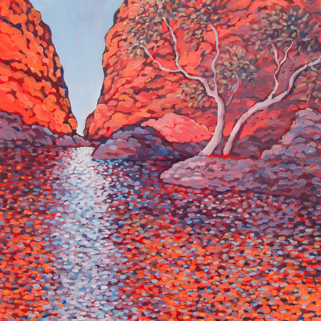 Australian Indigenous (Aboriginal and Torres Strait Islander) artwork by SARAH BROWN of Miscellaneous Artists. The title is Simpson’s Gap. [SB201512003] (Acrylic on Gesso Board)