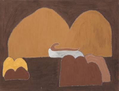 Australian Indigenous (Aboriginal and Torres Strait Islander) artwork by MARIKA PATRICK of Warmun Artists. The title is Snake Dreaming. [WAC 115/07] (Natural Ochre and Pigments on Canvas)