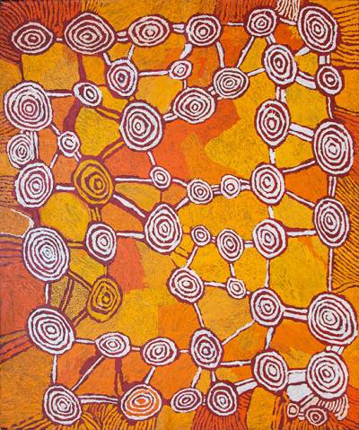 Australian Indigenous (Aboriginal and Torres Strait Islander) artwork by JOHNNY YUNGUT TJUPURRULA of Papunya Tula Artists. The title is Soakage Site of Wanaritjarra. [JY1102081] (Acrylic on Belgian Linen)