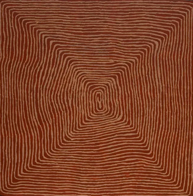 Australian Indigenous (Aboriginal and Torres Strait Islander) artwork by JOHNNY YUNGUT TJUPURRULA of Papunya Tula Artists. The title is Soakage Water Site of Rallying. [JY0412095] (Acrylic on Canvas)