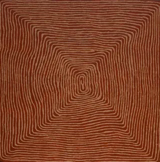 Australian Indigenous (Aboriginal and Torres Strait Islander) artwork by JOHNNY YUNGUT TJUPURRULA of Papunya Tula Artists. The title is Soakage Water Site of Rallying. [JY0412095] (Acrylic on Canvas)