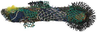 Australian Indigenous (Aboriginal and Torres Strait Islander) artwork by NANCY NAAWI of Erub Erwer Meta. The title is Sokoin. [15-107] (Ghost Nets & Twine over Mesh Frame)