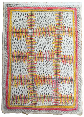 Australian Indigenous (Aboriginal and Torres Strait Islander) artwork by FATE SAVARI (ISAWDI) of Omie Artists. The title is Soro guai ohu’o vene vitwé - Ground cooking pit with firewood (for ceremonial wedding feast). [14-214] (Pencil and Ink on Paper)