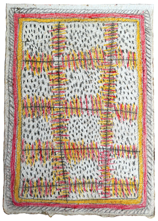 Australian Indigenous (Aboriginal and Torres Strait Islander) artwork by FATE SAVARI (ISAWDI) of Omie Artists. The title is Soro guai ohu’o vene vitwé - Ground cooking pit with firewood (for ceremonial wedding feast). [14-214] (Pencil and Ink on Paper)