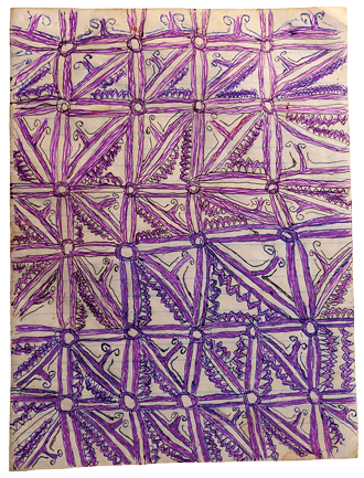 Australian Indigenous (Aboriginal and Torres Strait Islander) artwork by FATE SAVARI (ISAWDI) of Omie Artists. The title is Soru’e (vinohu’e, jo’e sor’e ohu’o taigu taigu’e) - Ujawé initiation body tattoos. [12-205] (Ink on Schoolbook Paper)