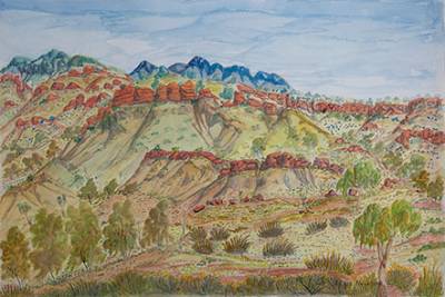 Australian Indigenous (Aboriginal and Torres Strait Islander) artwork by LENIE NAMATJIRA of Ngurratjuta Iltja Ntjarra (Many Hands). The title is South from Haast Bluff. [204-15] (Watercolour on Paper)