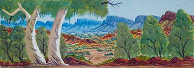 Australian Indigenous (Aboriginal and Torres Strait Islander) artwork by HILARY WIRRI of Ngurratjuta Iltja Ntjarra (Many Hands). The title is South of Hamilton Downs. [NGUR10HWI10416] (Watercolour on Paper)