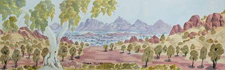 Australian Indigenous (Aboriginal and Torres Strait Islander) artwork by GLORIA PANNKA of Ngurratjuta Iltja Ntjarra (Many Hands). The title is South of Narwetooma, NT. [187-15] (Watercolour on Paper)