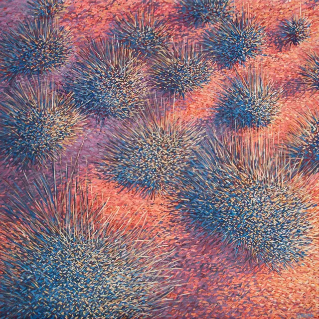 Australian Indigenous (Aboriginal and Torres Strait Islander) artwork by SARAH BROWN of Miscellaneous Artists. The title is Spinifex. [SB201610013] (Acrylic on Belgian Linen)