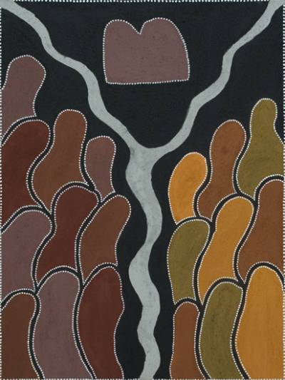 Australian Indigenous (Aboriginal and Torres Strait Islander) artwork by LORRAINE DAYLIGHT of Warmun Artists. The title is Springvale and Roses Yard. [WAC 256/08] (Natural Ochre and Pigments on Canvas)