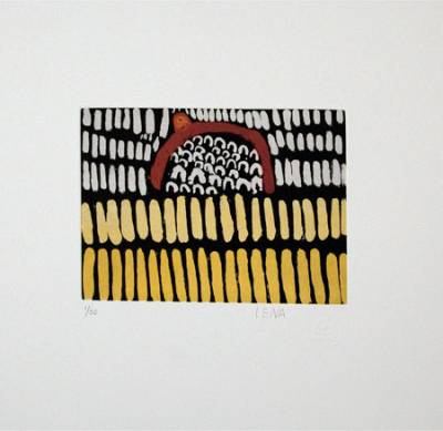 Australian Indigenous (Aboriginal and Torres Strait Islander) artwork by LENA NYADBI of Warmun Artists. The title is Sugarbag Yard Hill. [WACP09/11-1/50] (Etching)