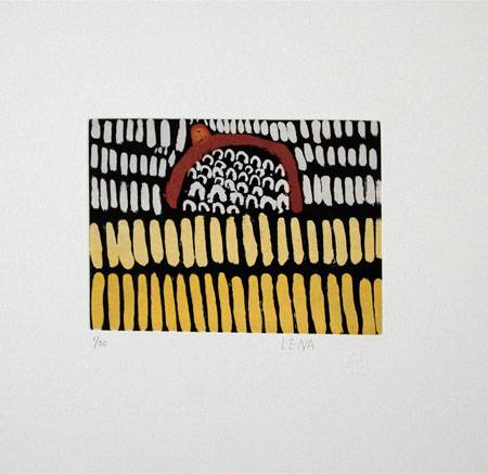 Australian Indigenous (Aboriginal and Torres Strait Islander) artwork by LENA NYADBI of Warmun Artists. The title is Sugarbag Yard Hill. [WACP09/11-1/50] (Etching)