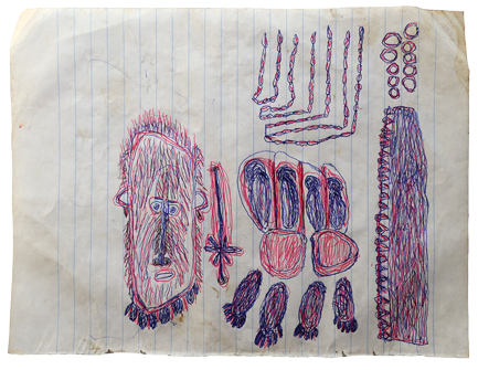 Australian Indigenous (Aboriginal and Torres Strait Islander) artwork by FATE SAVARI (ISAWDI) of Omie Artists. The title is Suhine (seed necklace), bisijai (fighting club) and jaig’e (armlets). [12-217] (Ink on Schoolbook Paper)