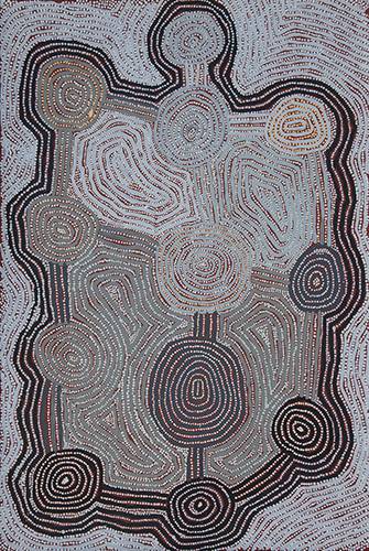 Australian Indigenous (Aboriginal and Torres Strait Islander) artwork by CHARLIE TJAPANGATI of Papunya Tula Artists. The title is Swamp and Rockhole Site of Palipalintjanya. [CT1707145] (Acrylic on Belgian Linen)